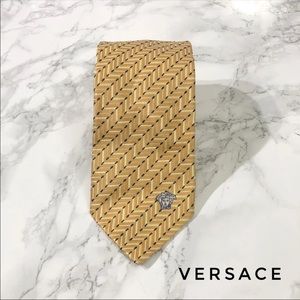 Versace Gold Orange Striped Zigzag Medusa Tie EUC